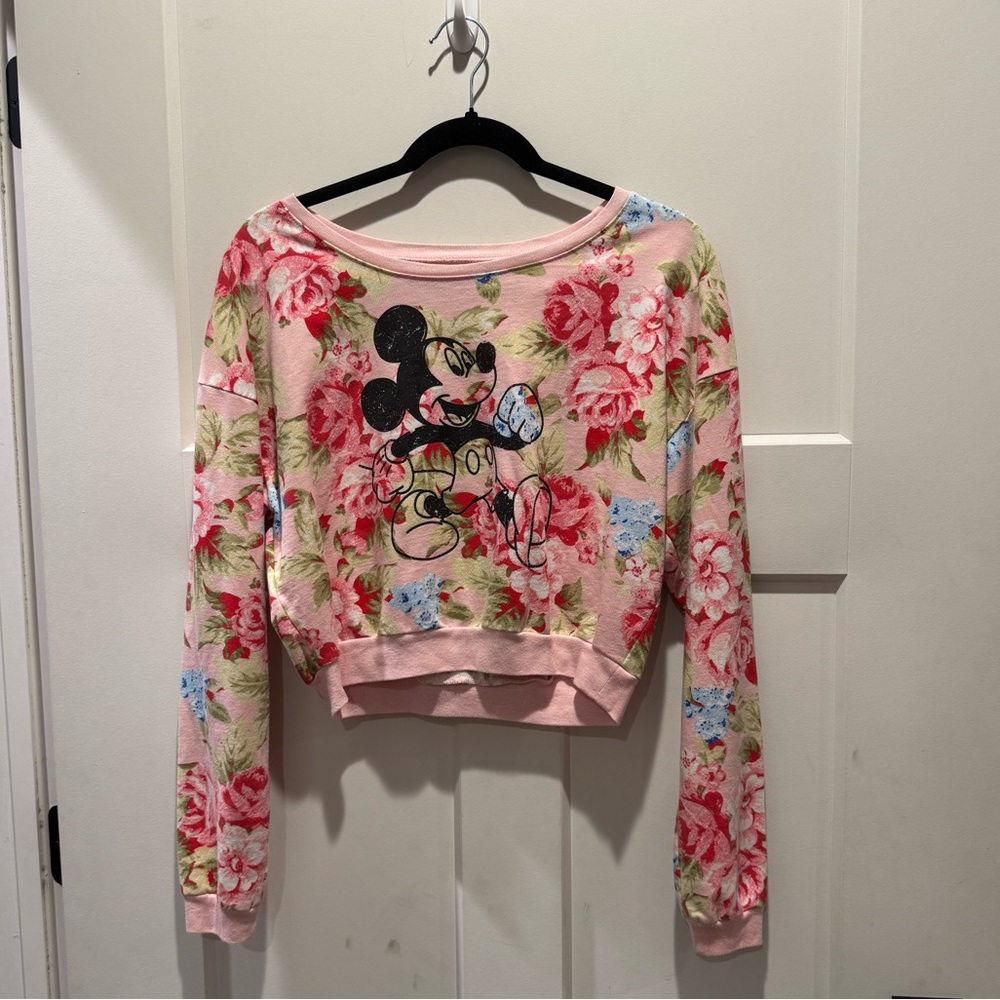 Disney Pink Floral Mickey Mouse Cropped Crewneck